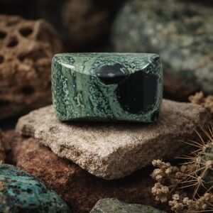 Chunky Carved Stone Artsy Statement Ring | Moss Green + Black Sculptural 7 #576